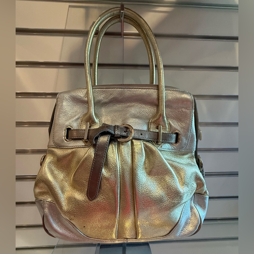 New- Color Blocked Aqua Madonna Metallic Shoulder Bag.  designer sample !